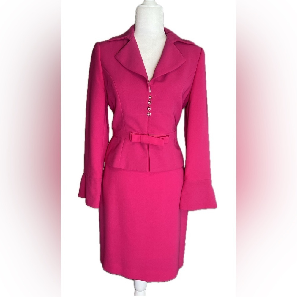 NYNY By Valentine Hot Pink Business Suit Skirt Set Blazer Rhinestone Buttons 10